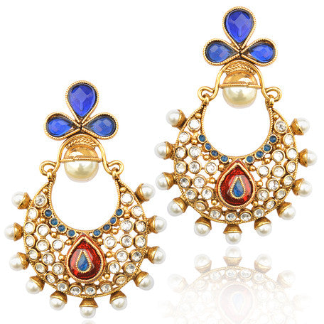 Maroon blue pearl polki india copper earring with lovely work